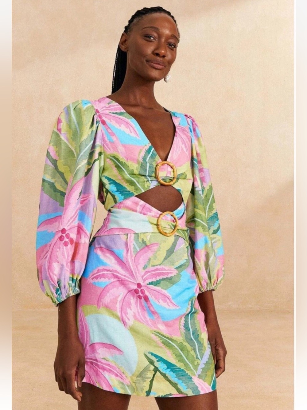 NWOT Farm Rio Tropical Cutout Midi Dress with Buckle Details - Pastel Floral